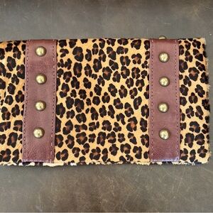 Carla Mancini 80s Studded Clutch Calf Hair Leather Leopard Print Fold Bag